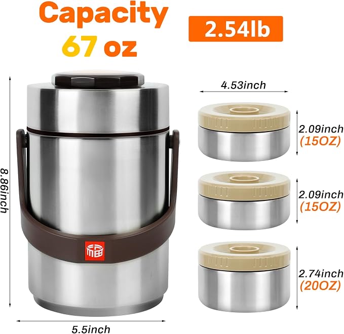 3-Layer Thermos for Hot Food & Soup Containers 67 Oz with Lunch Bag | Sealed Stackable Stainless Steel Insulated Bento Box, Ideal for Daily Office Meals, School Lunches and Outdoor Dining