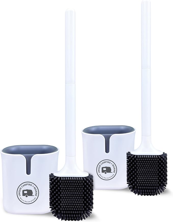 Unique RV Silicone Toilet Bowl Brush with Holder, 2-Pack | Wall-mount no-drip holder; non-scratch bristles help clean RV & camper toilet bowls & conserve bathroom space