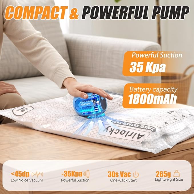 Travel Vacuum Storage Bags with Pump, 16 Pack Carry-on Compression Packing Bags + Portable Electric Pump, 80% Space Saver of Clothes, Vacuum Seal Bags for Clothing Travel Luggage