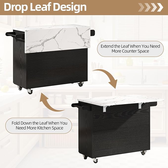 4 EVER WINNER 43" Modern Kitchen Island on Wheels with Drop Leaf & Storage, Faux Marble Tabletop, 3 Drawers with Spice Rack & Towel Rack, Rolling Kitchen Cart for Small Space, Black