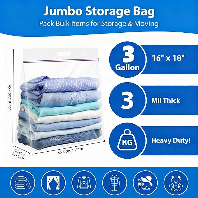Zipper Storage Bags with Handle and Bottom, Pack of 12, 3 Gallon Heavy Duty Clear Handy Plastic Bag, 16"x18" Reusable Large Zip Storage Bag for Sports, Travel, Moving and Clothes, 3-Mil Thick