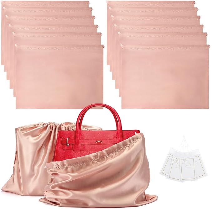 12 Pack Dust Bags for Handbags Travel Storage Pouch Silk Cloth Bag | Drawstring Large Storage Pouch for Handbag Purse Shoes Boots, Pink 19.6 x 15.7 Inch