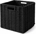 Cotton Rope Cube Storage Basket, 11 Inch Foldable Cubby Organizer Bins with Handles, Handwoven Square Basket for Organizing, Cube Closet Storage Bins for Shelves, Home Decor (Black)