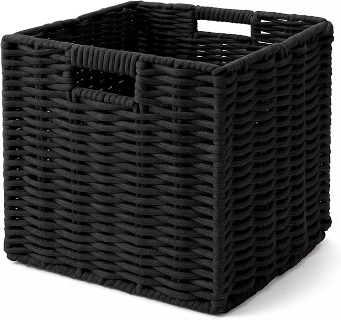 Cotton Rope Cube Storage Basket, 11 Inch Foldable Cubby Organizer Bins with Handles, Handwoven Square Basket for Organizing, Cube Closet Storage Bins for Shelves, Home Decor (Black)
