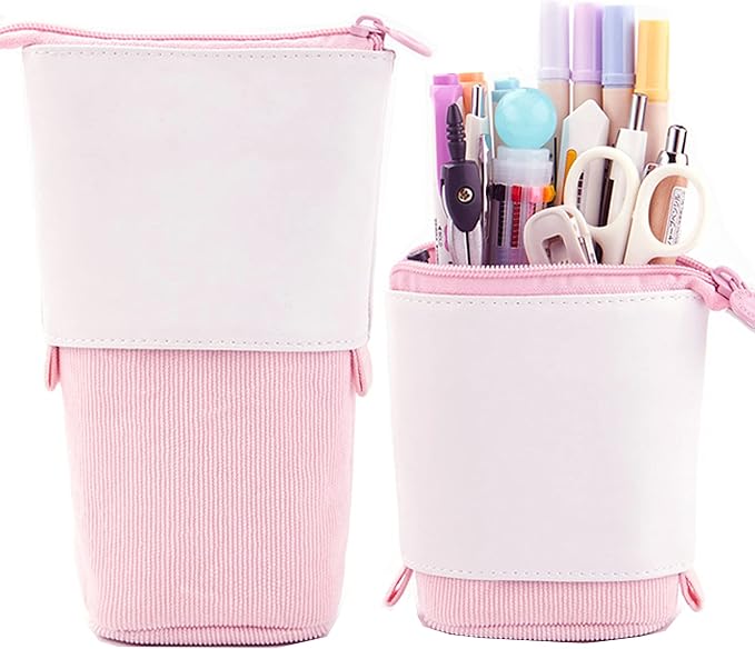 Telescopic Pencil Bag Pen Holder Stationery Case, PU Corduroy Stand-up Retractable Transformer Bag Colorful Organizer, Great for Christmas Holiday (Pink)