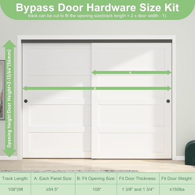 9FT/108(Double 4.5FT) Bypass Door Hardware, Aluminum Double-Closing Sliding Closet Door Hardware with Finger Pull Included, Smoothly and Quietly, Fit Door Thickness 1 3/8" or 1 3/4", Black