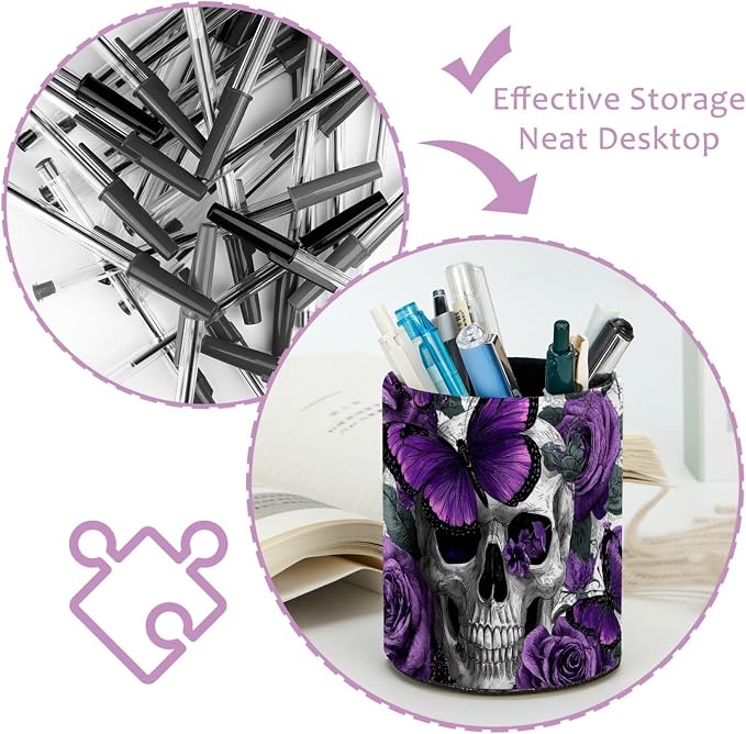Faux Leather Pen Holder for Desk, Pencil Organizer Purple Butterflies and Skulls Pen Cup Desk Decor Makeup Brush Holder Storage for Office Home
