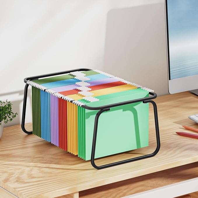 Marbrasse Hanging File Folder Frame, Adjustable Letter Size File Holder 16-25 Inches, Metal File Cabinet Rails for Office, Home, School, 2P(Black)