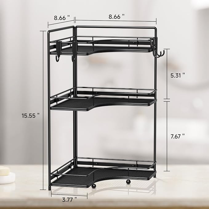 VITVITI 3 Tier Corner Bathroom Counter Organizer, Bathroom Countertop Organizer Storage for Sink, Metal Mesh Makeup Organizer for Vanity Countertop Kitchen with Hooks, Black