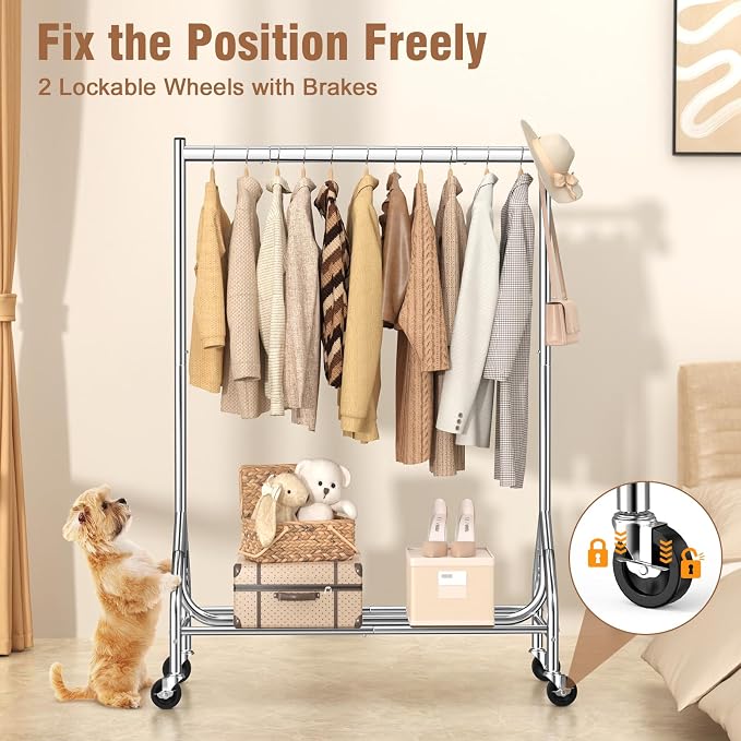 EAGMAK Heavy Duty Clothes Rack Load 420 LBS, Rolling Garment Rack with Lockable Wheels, Standing Metal Clothing Rack with Shelves, Portable Wardrobe Sturdy Coat Rack for Hanging Clothes (Silver)