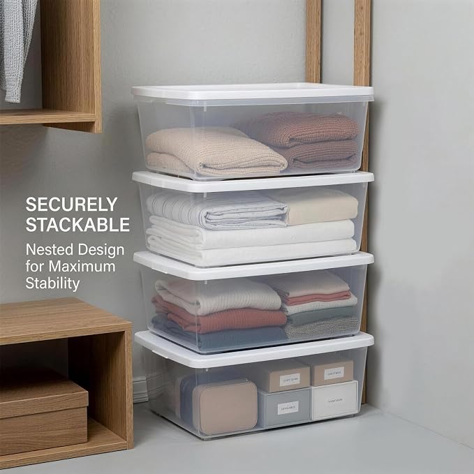 41 Quart Clear Plastic Under Bed Storage Bins with White Lids, Stackable Medium Containers for Closet, Bathroom Organizers and Storage