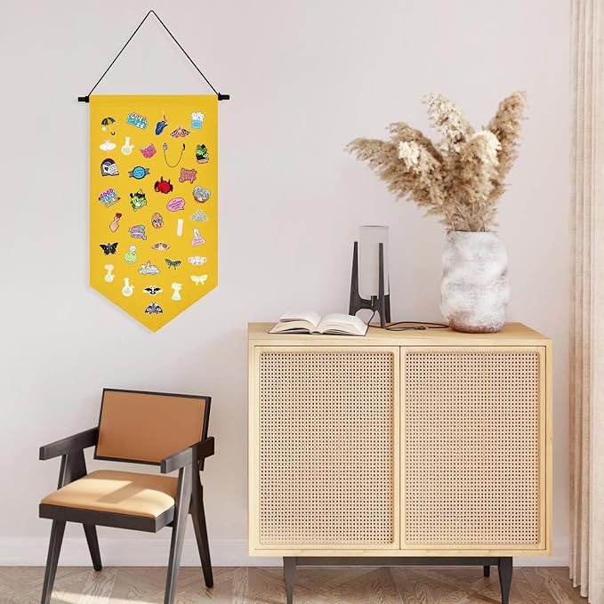 Winmany Wall Hanging Brooch Jewelry Storage Case Canvas Display Stand Enamel Pin Display Banner Holder Earrings Necklace Glitter Pin Collection Organizer (Yellow)