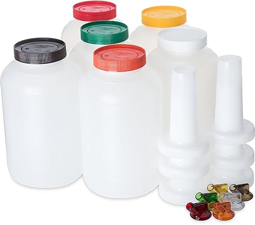 Carlisle FoodService Products Stor N' Pour Complete Gallon Bundler with Bottles, Necks, Spouts, And Caps for Bar, Kitchen, And Restaurant, Plastic, 1 Gallon, Assorted Colors, (Pack of 6)