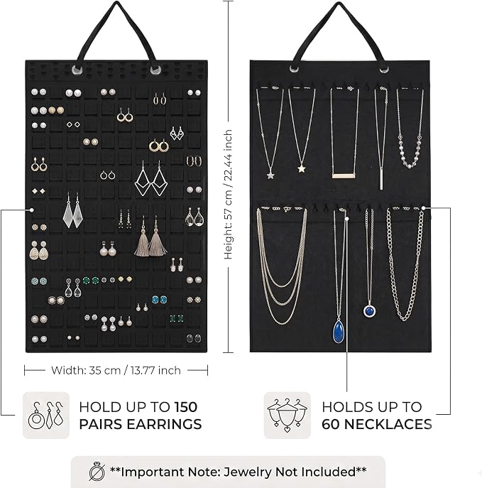 Hanging Jewelry Organizer & Drawer Trays Set - Double-Sided Wall Hanger for Necklaces & Earrings, 3 Stackable Velvet Storage Inserts for Rings & Bracelets - 5 Pack