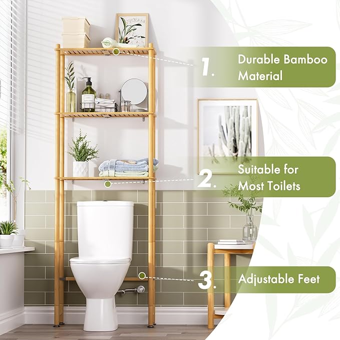 AmazerBath Over The Toilet Storage Bamboo, Bathroom Over Toilet Organizer Rack, 3-Tier Freestanding Above Toilet Shelf for Bathroom, Laundry, Space Saver, Natural Color