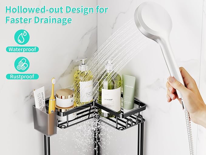 HapiRm Standing Shower Caddy Corner - 4 Tier Corner Shower Organizer with Toothbrush Holder and 16 Hooks, Large Capacity Rustproof Bathroom Shelves for Tall Bottles, Black
