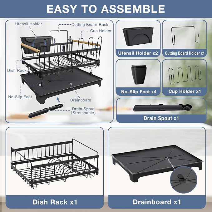 Dish Rack for Kitchen Rustproof Steel Dish Drying Rack for Kitchen Counter Anti-Rust Dish Strainer with Drainboard, Cup Holder, Utensil & Cutting Board Organizer, Heavy Duty Metal | Holds 12 Dishes, Drainboard Set, Cutlery Holder, Rust Resistant, Space...