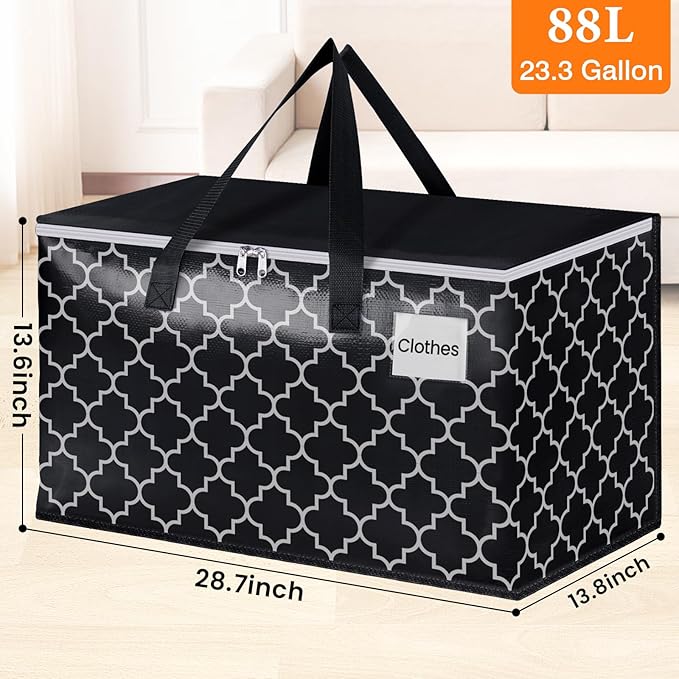 HomeHacks Heavy Duty Moving Bags with Tag Pockets, Collapsible Storage Totes for Moving, Camping & Travel -Foldable Packing Boxes, Zipper Handles, Black（10 Packs, 88L）