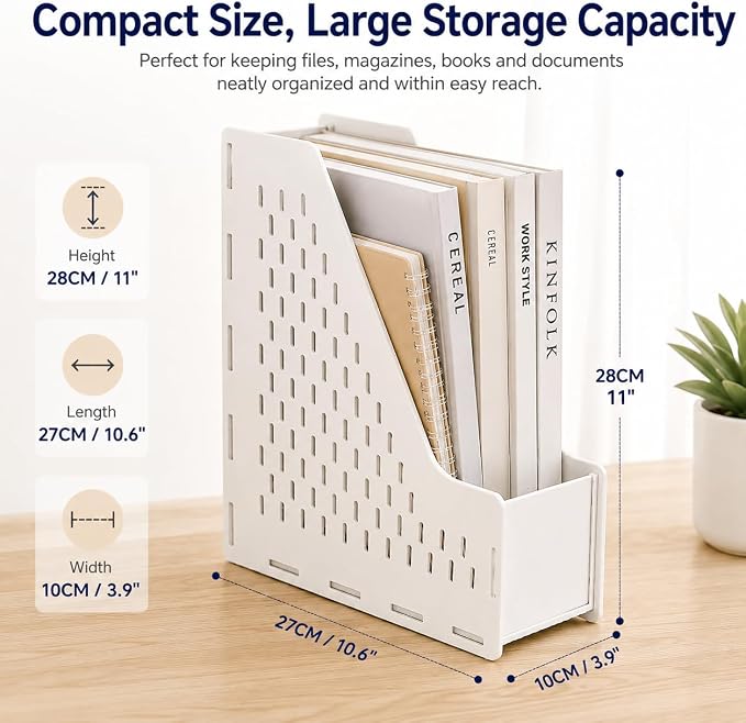 Upright File Organizer Mesh Desktop Magazine Organizer File Sorter White | Durable Desk Organization Vertical File Holder for Office,School,Home, 10.6" 3.9" 11"