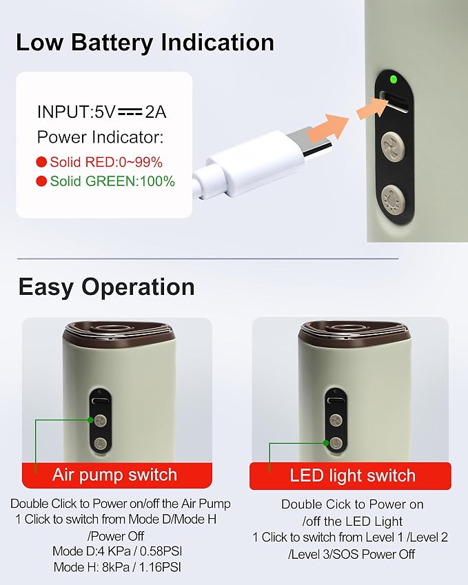 Portable Air Pump with 2500mAh Battery USB Rechargeable Lightweight Electric Mini Air Pump Inflate Deflate for Pool Floats Vacuum Storage Bags Air Mattress Swimming Ring Sleeping Pads – Khaki | USB Rechargeable, Lightweight, Electric, Mini, for Pool, F...