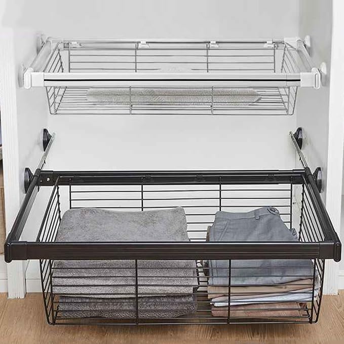 Pull Out Storage Basket with Runners,Metal Under Shelf Storage Basket,Stackable Storage Bins,Adjustable Width 370-970mm,40kg Weight Capacity(Black,Width370-420mm)