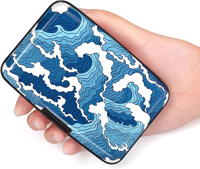 Credit Card Holder for Women, Small RFID Metal Credit Cards Wallets Cute Business Card Holder Pocket ID Case, Blue Sea Wave