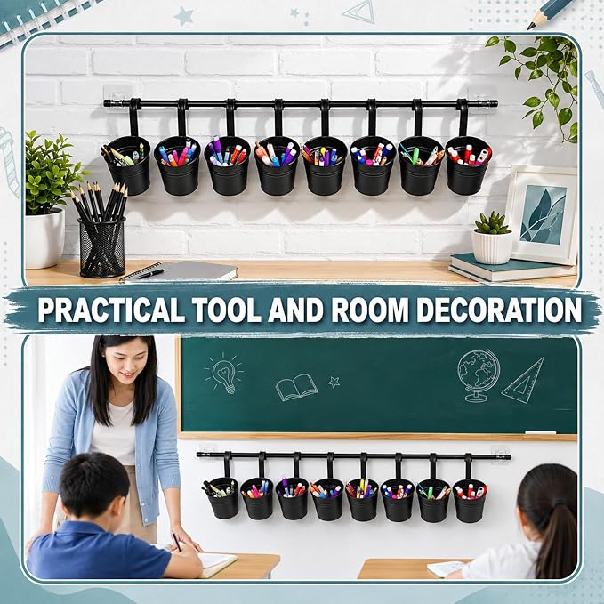 8 PCS Black Metal Pencil Holder with Pipes Back to School Hanging Iron Small Pails Stationery Crayon Organizer First Day of School Black Buckets Classroom Pencil Holder for Students Crafts Party Favor