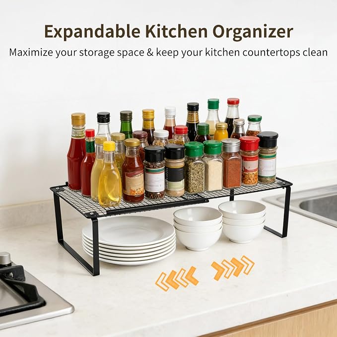 Expandable Kitchen Cabinet Organizer, Stackable Metal Storage Shelves, Adjustable Spice Rack, Shelf Riser, Ideal for Kitchen Cabinet, Pantry, Bathroom & Office Storage (Black)