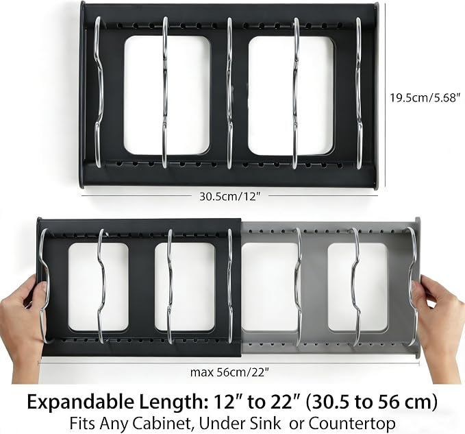 Pan Lid Organizer Inside Cabinet Expandable 12-22 Inch Kitchen Organizer Rack with 7 Dividers For Pot lid, cookware, baking pans and cutting boards