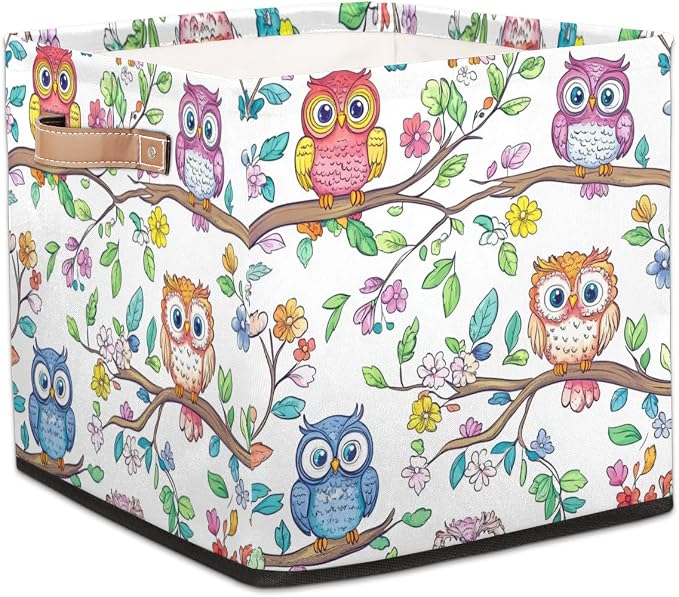 TropicalLife Floral Owl Storage Cube, 13 Inch Fabric Cube Storage Organizer Bin for Shelves Clothes, Decorative Foldable Storage Boxes