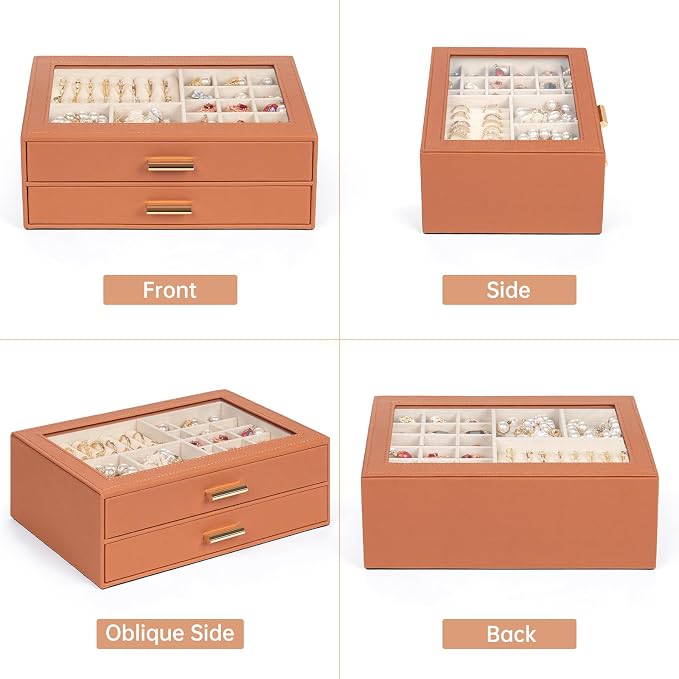 AKOZLIN Jewelry Box with Clear Lid Functional Leather Jewelry Storage Organizer Case 2 Drawers for Women Girls Necklace Ring Bracelet Earring