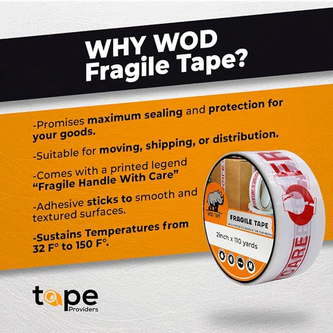 WOD CST2FW Fragile Tape Handle with Care Packing Tape 2 in. x 110 yds. Heavy Duty Carton Sealing Tape Red Lettering for Fragile Cargo and Box Office Moving Shipping, 36 Pack