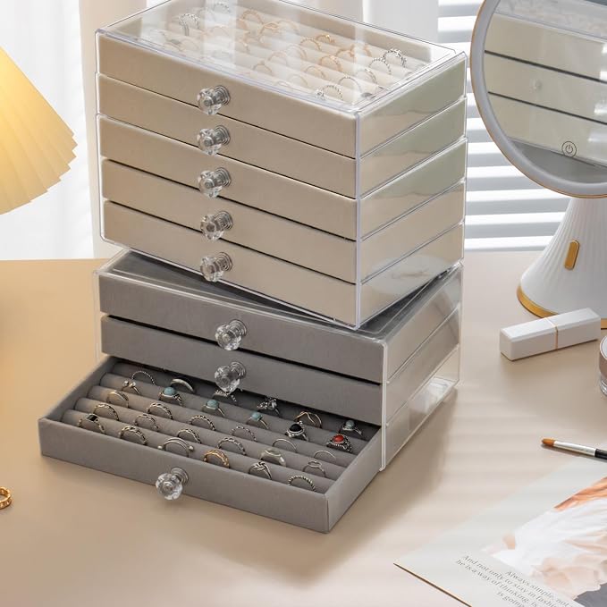 SPAKOWN Ring Box Display Holder, Clear Velvet Jewelry Storage Tray Organizer for Ring Stud Earring (Grey - 5 Drawers)