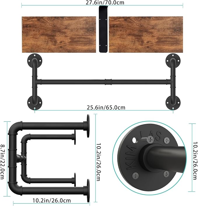 Yawinhe Industrial Pipe Clothes Rack with Top Shelf, Wall Mounted Garment Rack, Space Saving Hanger with 4 Bases, for Shops, Homes (28x10.23x10.23in) | Wall Mounted Clothes Rail;Wardrobe Hanging Rail Bar Rack for Laundry and Closet;Heavy Duty Retro Wal...