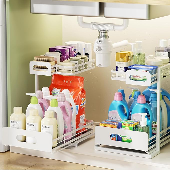 Delamu 2 Pack Metal Bathroom Organizers and Storage, 2 Tier Pull Out Under Sink Organizer with 2 Small Baskets, Adjustable Under Sink Shelf for Multipurpose Cabinet Organizer, White