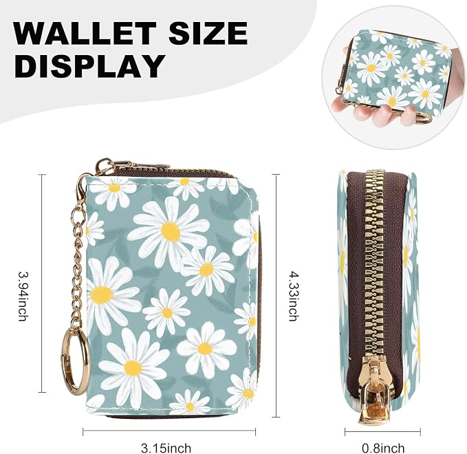 Credit Card Holder for Women,Small Rfid Wallet with Keychain Zipper,Cute PU Leather Card Case Wallet，Accordion Credit Card Wallets Gift,White Daisy C