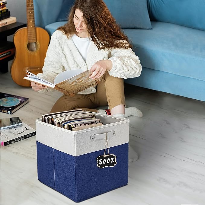 13x15x13 storage cube bins,Set of 4 Collapsible Fabric Storage Cubes with Labels,Linen Cube Storage Organizer Bins Kallax Storage Cubes for Organizing Home,Shelves,Cabinet,Clothes(White Blue).