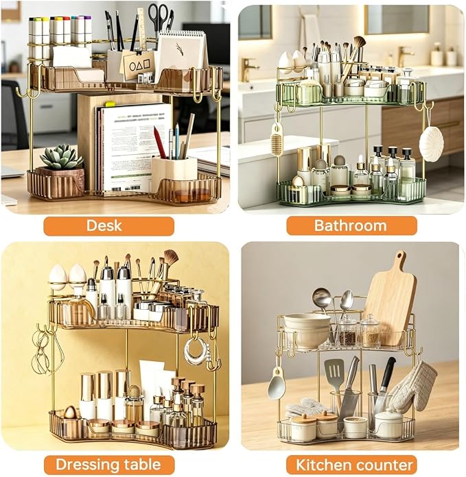 2-Tier Corner Bathroom Counter Organizer，Makeup & Skincare Shelf with Built-in Brush Holder，Space-Saving Bathroom Countertop Organizer for Skincare, Perfume, Cosmetics(Clear)
