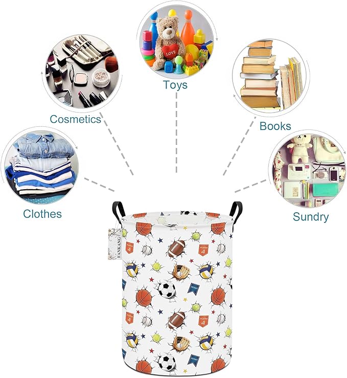 FANKANG Storage Basket, Nursery Hamper Canvas Laundry Basket Foldable with Waterproof PE Coating Large Storage Baskets for Kids Boys and Girls, Office, Bedroom, Clothes,Toys(3D Sports Balls)