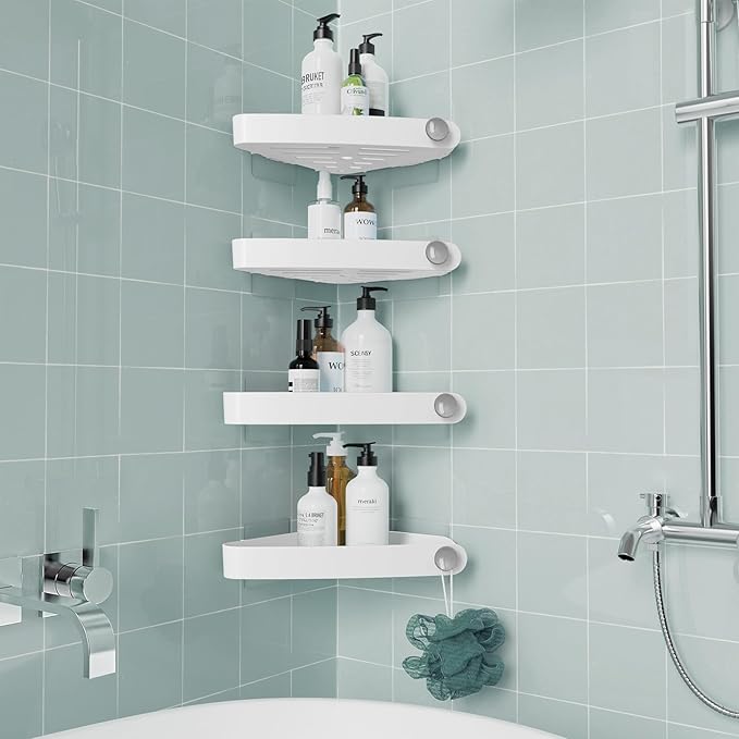 Sotfamily Plastic Shower Caddy Corner (for 90° Only), 4 Pack, White | Adhesive Corner Shower Shelves for Bathroom Organizers and Storage, Bathroom Decor