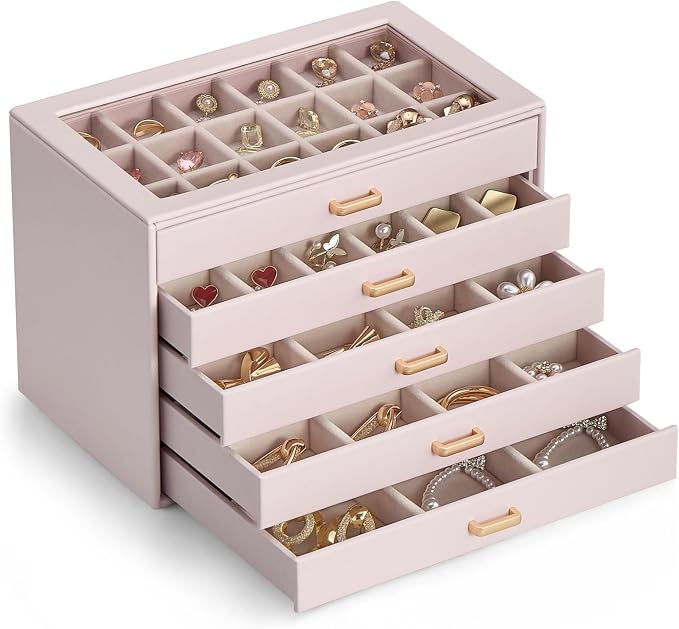Lolalet Earring Organizer, Jewelry Box with Clear Lid -Pink, 5 Layer | PU Leather, Velvet, Removable Dividers, Dustproof, Easy Clean, For Studs Rings, Gift for Women Girls, Home Aesthetic Decor