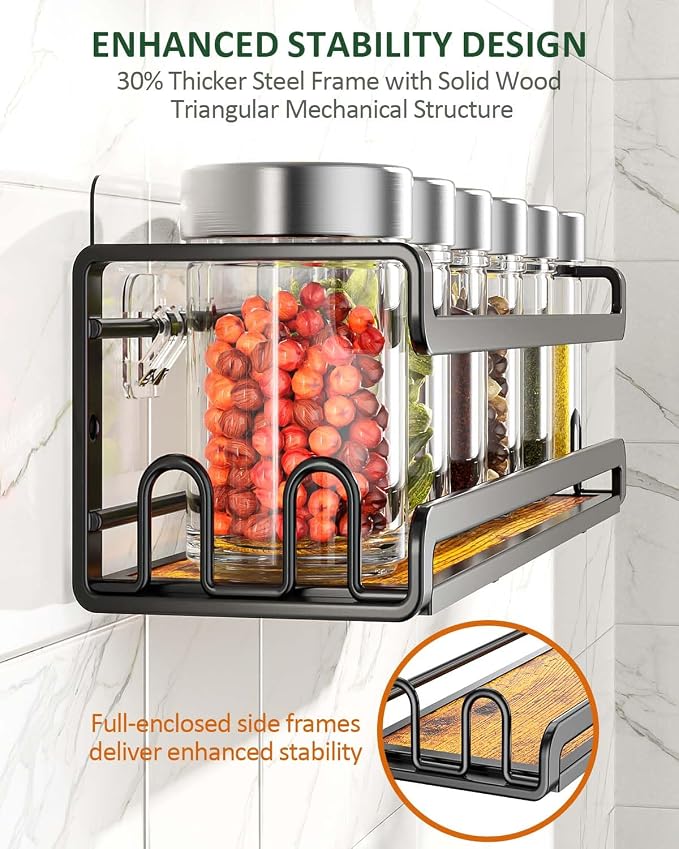 Doakhirmit Wall Mount Spice Rack, Black,4 Pack | 16 Hooks,Screw or Adhesive Installation , Hanging Organizer for Stove Cabinet Pantry Door Kitchen and RV Use