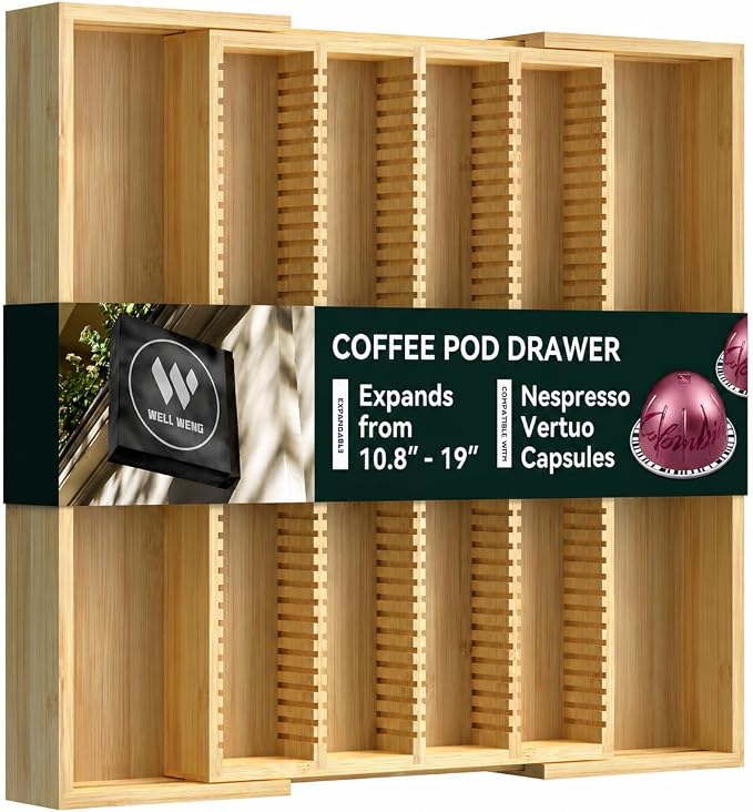 Large Expandable Bamboo Coffee Pod Drawer Organizer | 10.8" -19"W x15.67"Dx1.9"H, Compatible with Nespresso Vertuo Capsules, 40 Big or 52 Small Pods Holder for Counter