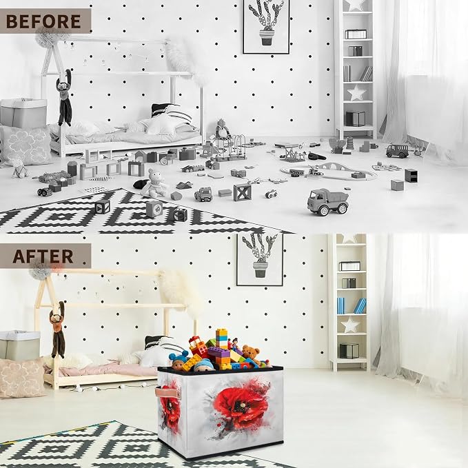 Red Flower Closet Storage Bin, Foldable Storage Baskets for Shelves, Decorative Shelf Organizer Poppy Floral Black Grey Vintage Fabric Cube Bin for Living Room Bedroom Home Dorm