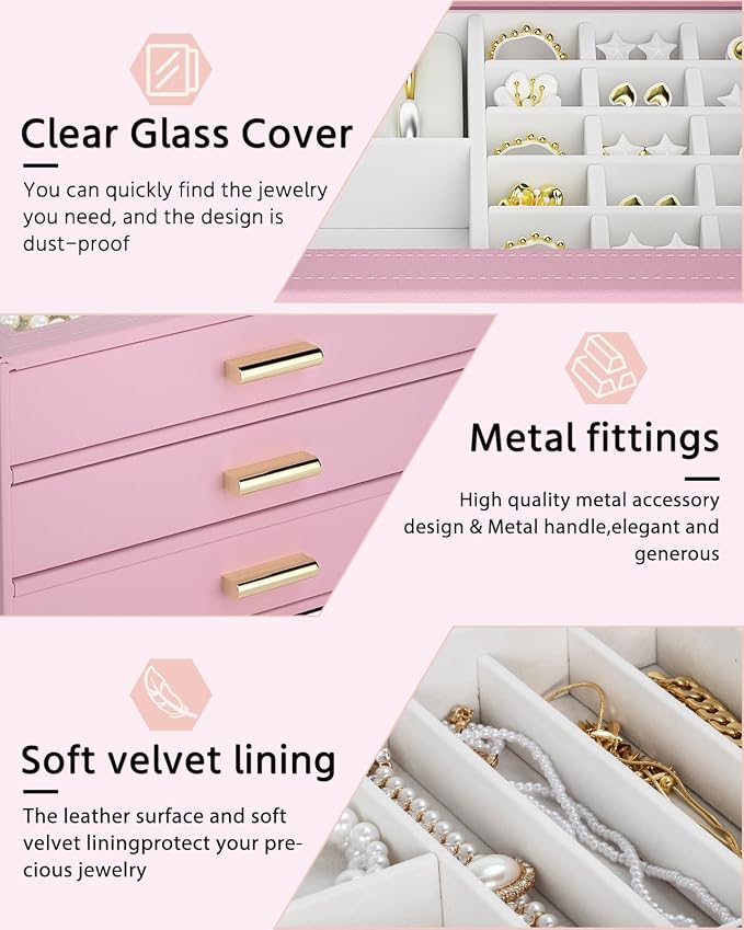 AKOZLIN Jewelry Box with Clear Lid Functional Leather Jewelry Storage Organizer Case 3 Drawers for Women Girls Necklace Ring Bracelet Earring