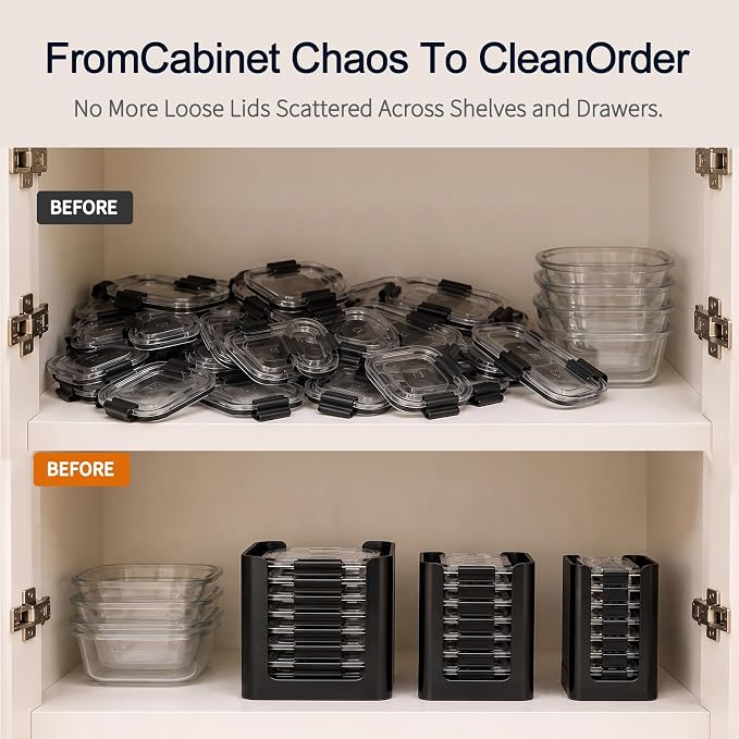 Food Container Lid Organizer for Rubbermaid Brilliance nap-on lids, 3-Pack Black, Kitchen Cabinet Drawer & Pantry Storage