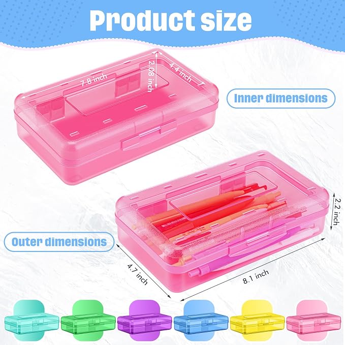 Blulu 6 Pack Large Plastic Pencil Case Clear Pencil Boxes Bulk Hard Crayon Box Storage with Lid Snap 8.1 x 4.7 x 2.2 Inch Closure Painting Marker Organizer Large Capacity Back to Supplies Multicolor
