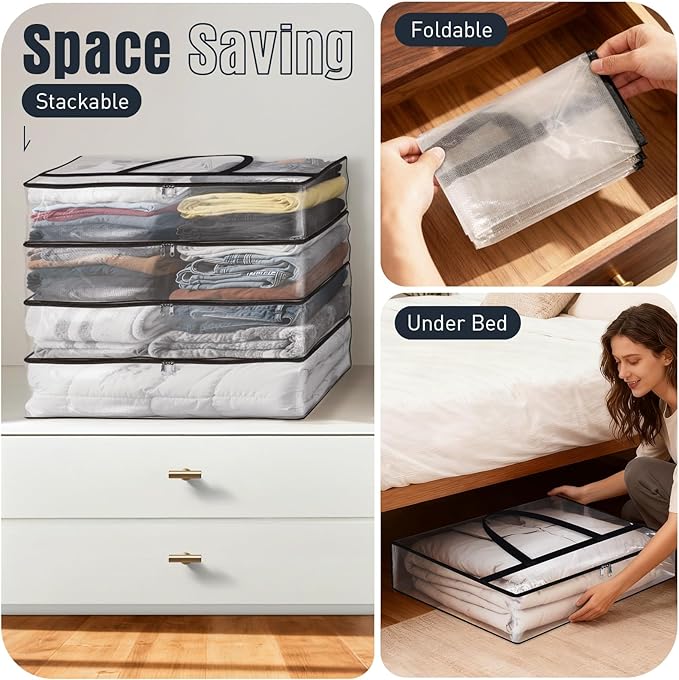 Clear Under Bed Storage Containers - 4 Pack Large Capacity Clothes Storage Bags with Lid & Sturdy Handles, Foldable Moving Bags, Clothing Organizer Totes for Bedding, Comforter, Sheet（90 L）