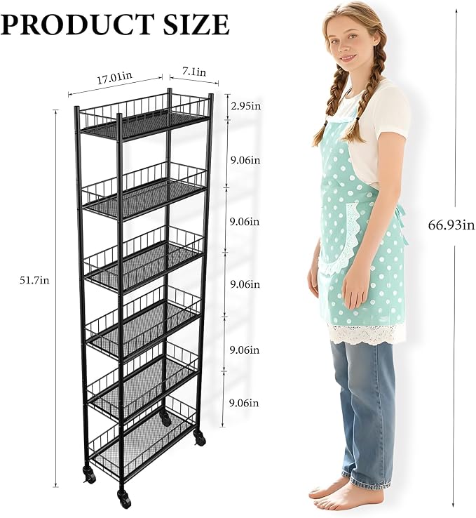 Utility Slim Storage Cart 6 Tier Narrow Metal Frame Carts | 6 Tier Narrow Kitchen Storage Cart,Laundry Room Carts, for Kitchen,DiningRoom,Living Room,Home Office,Classic Black