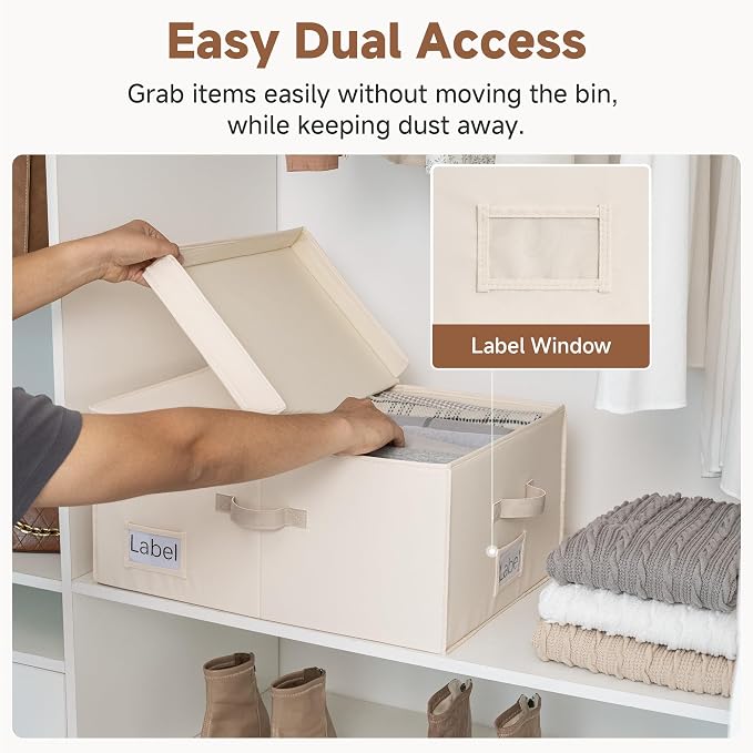 StorageWorks 55L Extra Large Fabric Storage Bins with Lid, Foldable Closet Organizer Boxes with Label and Handles, Decorative Storage Baskets for Clothing and Blankets, Cream White, 2-Pack